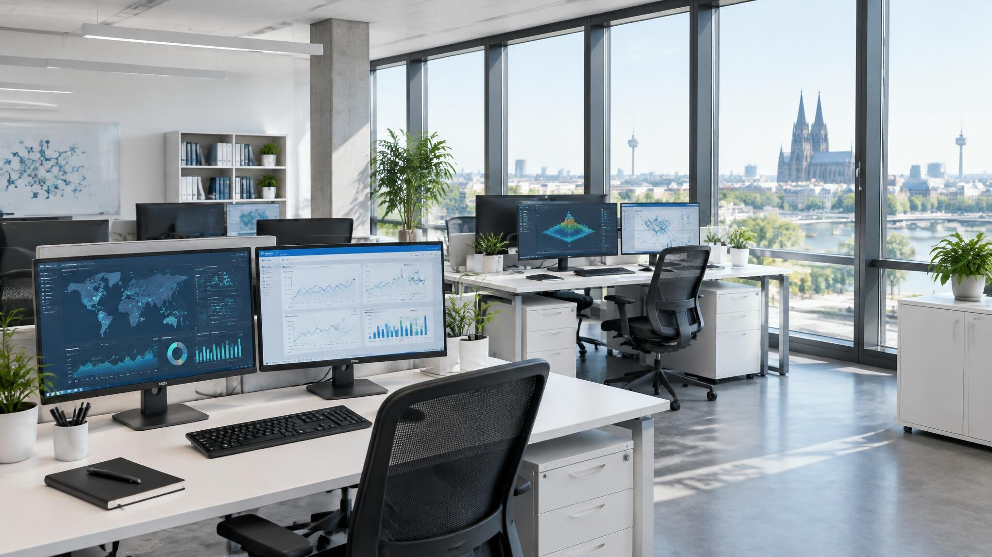 Bright open-plan research office with desks and computers