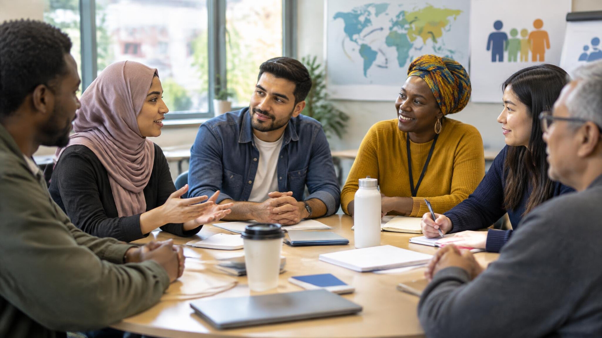 group of diverse immigrants talking