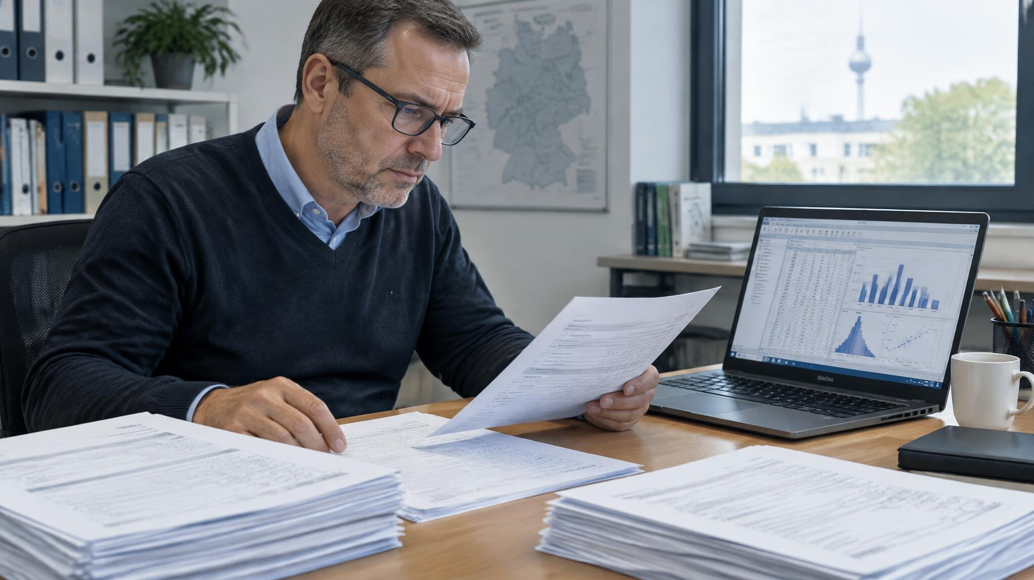 Researcher reviewing printed survey questionnaires